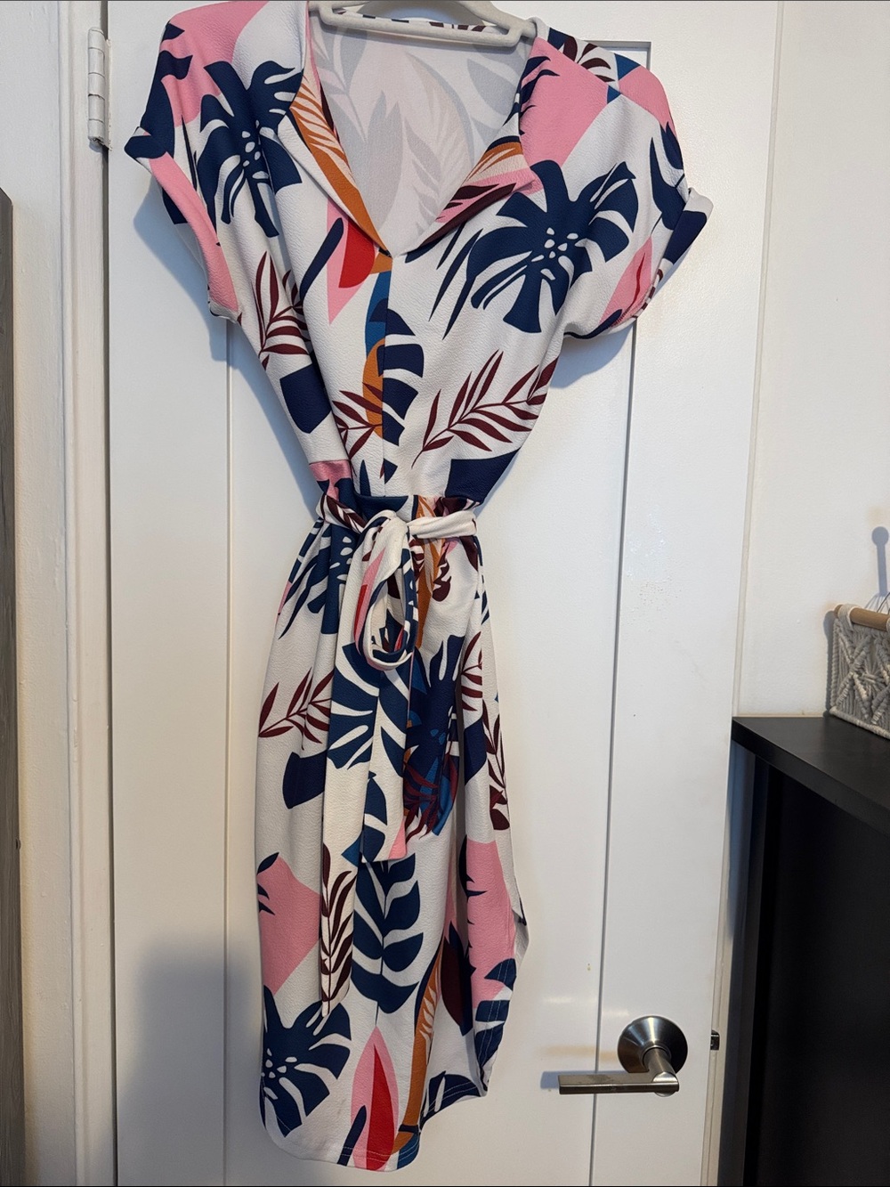 Tropical Print V-Neck Belted Dress - Pink & Navy